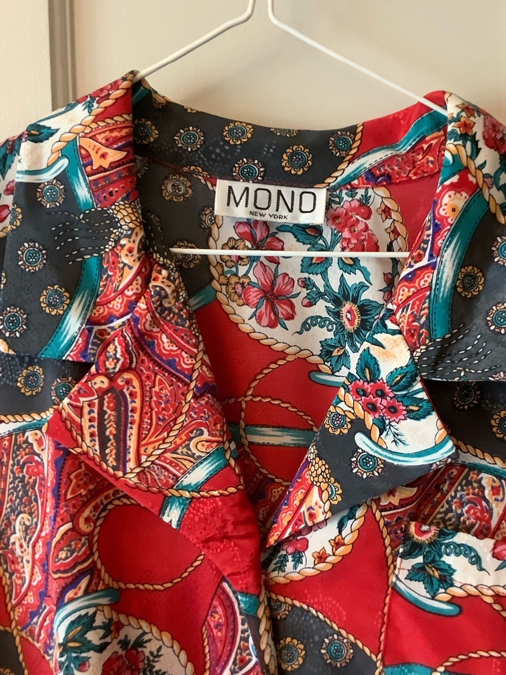 Vintage Retro Mono New York Red Paisley Long-Sleeve Midi Shirt Dress - Picture 3 of 10